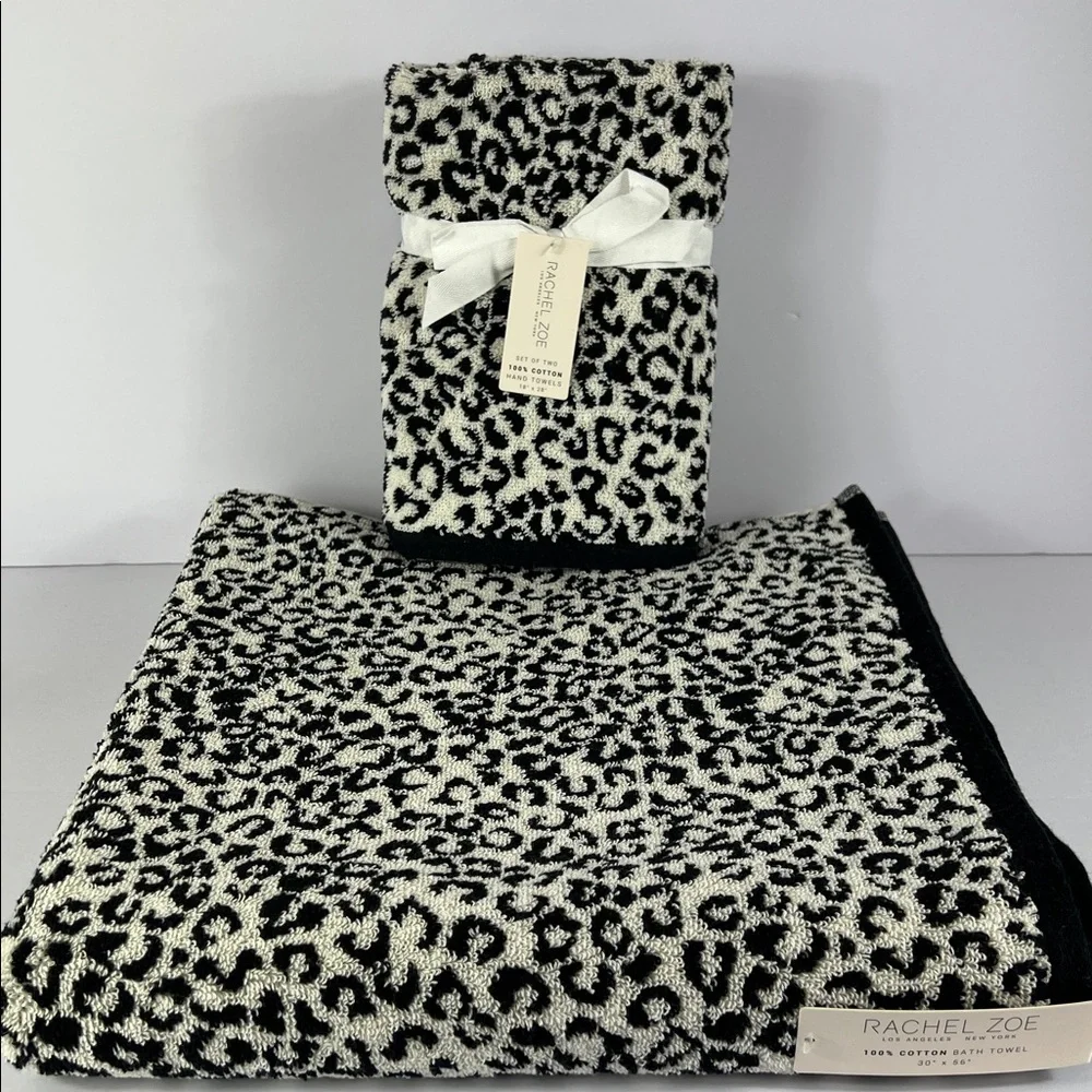 3 Pc Rachel Zoe Bath Towel Set Leopard Cheetah Animal Print Black Off White NEW